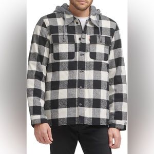NEW, LEVI’s Plaid Faux Shearling Lined Jersey Hood Shirt Jacket, black white